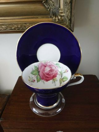 Aynsley Corset Shape Cup And Saucer Cobalt Blue With A Large Pink Cabbage Rose