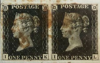 Gb Qv 1840 Penny Black Pair On Piece ‘ik - Il’ Plate 7 Four Margin Red Maltese X