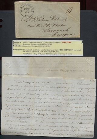 1848 Stampless Letter Brooklyn Ct Feb 29 Leap Year To Savannah Ga " 10c Rate