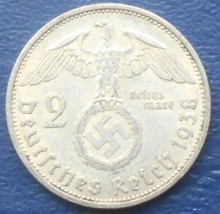 Silver 1938 A Germany 3rd Reich 2 Reichsmark Hindenburg Nazi Swastika Fr 46