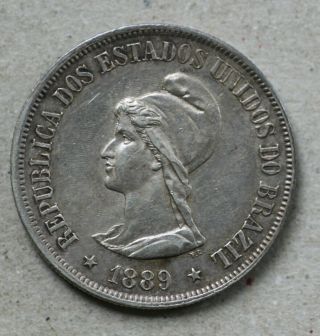 1889 Brazil 500 Reis,  Silver 0.  917/0.  1879asw,  Km494