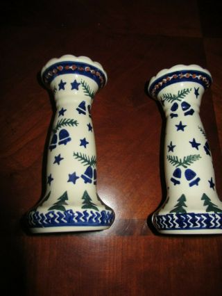 Polish Pottery Blue,  White & Green 6 " Christmas Candlesticks/candle Holders