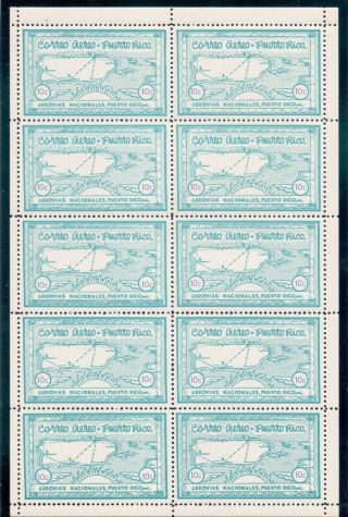 10211 - Puerto Rico,  1938 Private Airmail Post 10c.  Sheetlet Of 10,  Mnh,  Very Fine