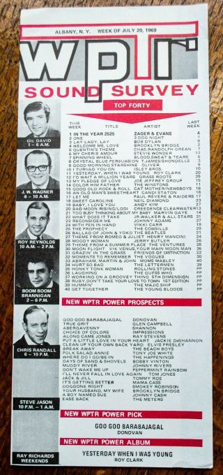 Wptr York Survey Radio Music Chart July 20 1969 Zager & Evans 3 Dog Night