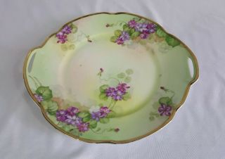 Vintage J&c Louise Bavaria Handled Cake Plate 10 Inch Green With Purple Flowers
