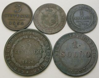 Italian States 1 Soldo & 1,  3,  5 Centesimi 1826/1866 - 5 Coins.  - 1986