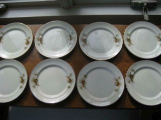 Set Of 8 Vintage Creamy White Dessert Plates Each 7 1/2 " Pine Cones & Gold Trim