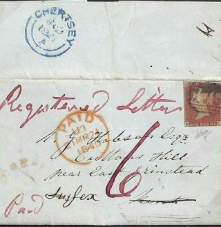 Gb Cover Registered 6d Rate Paid Surrey Chertsey 1d Red Imperf 1849 R122a