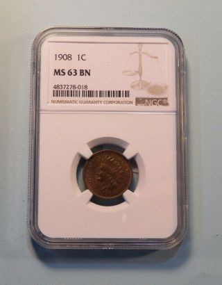 1908 Indian Head Cent Penny U.  S.  Coin Ngc Graded Ms63