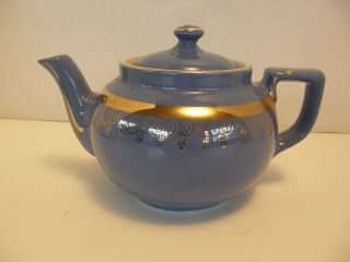Vintage Hall Pottery Blue With Gold Accents 6 Cup Tea Pot 8 Made In Usa