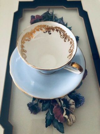 Aynsley England Bone China Teacup & Saucer.  22k Gold Flowers,  Periwinkle Blue