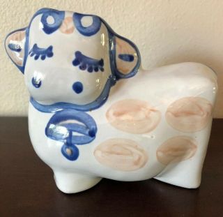 Vintage M A Hadley Art Pottery Figural Cow Piggy Bank Signed Blue White Coin
