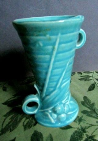 Vintage Mccoy Pottery Leaves And Berries Double Handle Turquoise/green 6 " Vase