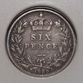1889 Great Britain Sixpence Sterling Silver Coin,  Vf