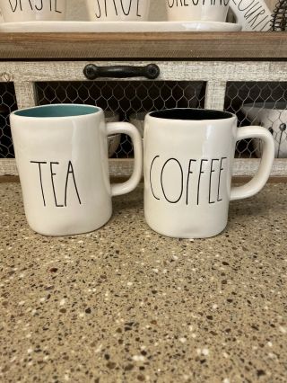 Rae Dunn Magenta Coffee & Tea Black & Teal Interior 2017 Set/2 Mugs