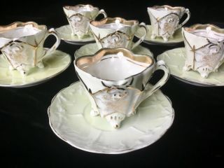 Vintage Demitasse Tea Cups Saucers Set Of 6 Lusterware Gold Trim