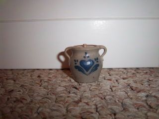 Miniature Rowe Pottery Storage Crock Painted Blue Design Heart