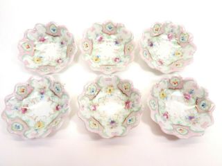 Antique Victorian Six Hand Painted Pink & Green Floral Moriage Porcelain Bowls