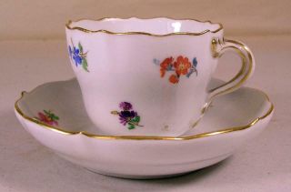 Antique German Meissen Porcelain Demitasse Cup & Saucer W Multicolored Flowers
