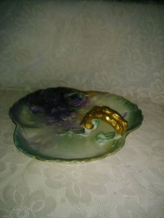 Limoges Antique Relish Dish Green,  With Gold Handle,  Purple Flower 3