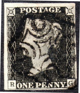 One Penny Black 1d Plate 3 " Rg " 4 Margin Cancelled By A Black Maltese Cross