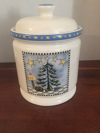 Christmas Tree North Pole Cookie Jar Canister With Seal Lid Stars Country Blue