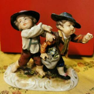Naples Capodimonte Porcelain Figure With Two Boy With Hats And Flower Bag