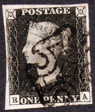 One Penny Black 1d Plate 9 " Ra " Four Margins With A Black Maltese Cross Cancel
