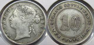 36: 1896 Straits Settlements Malaya Singapore Queen Victoria 10 Cts Coin Vf,  /xf