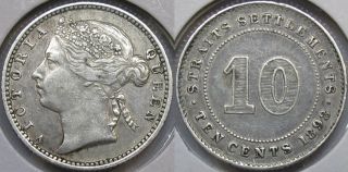 43: 1898 Straits Settlements Malaya Singapore Queen Victoria 10 Cts Coin Vf,  /xf