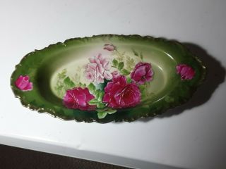 Antique P T Germany Hand Painted Oval Tray With Pink And Red Roses