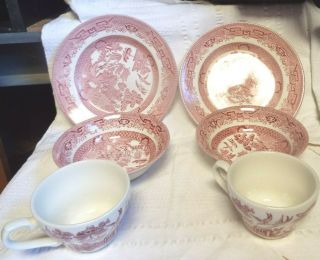 Set Of 2 Red/pink Willow Churchill Plates Bowls Cups