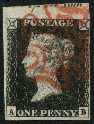 Gb Stamp Qv 1840 1d Penny Black Sg 1 Top Marginal Sg Cat Value £525.  00