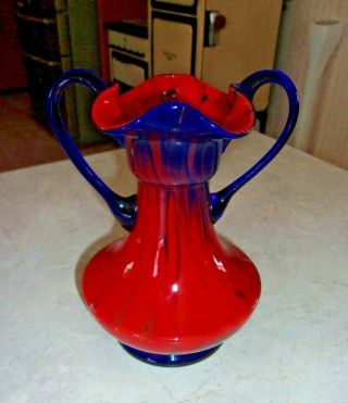 Vtg Blown Glass Swirl Red & Cobalt Blue Handled Vase Made In Czechoslovakia