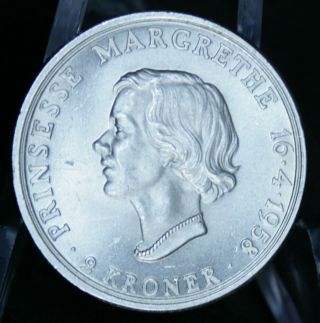 Denmark 2 Kroner 1958,  Bu.  800 Silver,  Princess Margrethe 18th Birthday