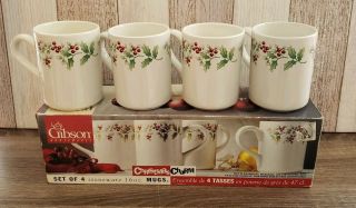 Gibson Everyday Housewares Christmas Charm Holly Berries Coffee Cups / Mugs (4)