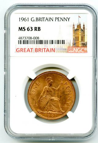 1961 Great Britain Britannia Large Copper Penny Ngc Ms63 Rb Low Mintage
