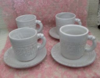 Frankoma Pottery.  4 - White Sand Mayan Aztec Coffee Cup 7c & Saucers 7e