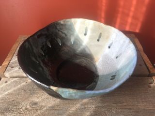 Large Pottery Serving Bowl Signed Hand Crafted 1998 Black Blue