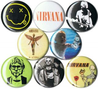 Nirvana 8 Pins Buttons Kurt Cobain 90s Grunge Dave Grohl Smiley Nevermind