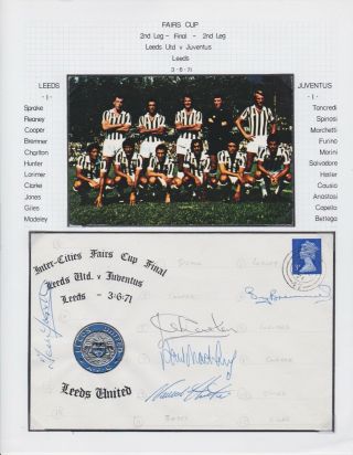 Leeds United Fc Fairs Cup V Juventus 1971 Match Day Cover Signed 5 Billy Bremner