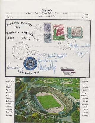 Leeds United Fc Fairs Cup V Juventus 1971 Match Cover Signed 7 W Billy Bremner