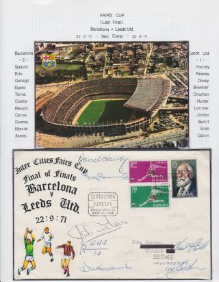 Leeds United Fc Fairs Cup Barcelona 1971 Match Day Cover Signed 6 Billy Bremner