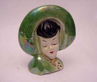 Vintage Lady Head Vase/wall Pocket Green Luster Ware - About 7 - 1/4 " Tall