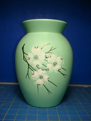 Vintage Matte Green Mccoy Pottery Springwood Vase With White Dogwood Blossoms