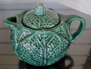 Vintage American Bisque Individual Green Cabbage Ware Teapot