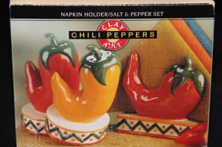 Clay Art Chili Peppers Handpainted 3 Piece Napkin Holder / Salt & Pepper Set