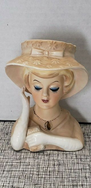 Vintage Lady Head Vase Blond Blue Eyeshadow Holding Clutch Purse Closed Eye