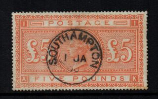 Gb 1867/83 £5 Orange Ak On White Paper - Sg 137 - With Southampton Cds