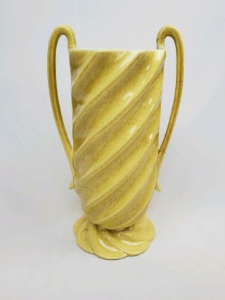 Vintage Red Wing Art Pottery,  Speckled Yellow Blue Swirl Handled Vase